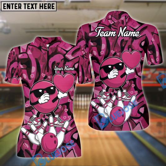 BlueJose Bowling Pink Cartoon Love Heart Personalized Name, Team Name 3D Shirt
