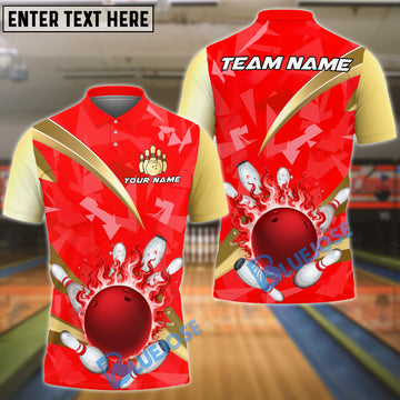BlueJose Bowling Flaming Ball & Pins Design Customized Name, Team Name 3D Shirt (4 Colors)