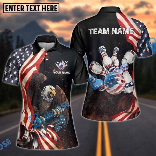 BlueJose Bowling American Flag Eagle Strike Patriotic Design Personalized Name, Team Name 3D Shirt