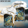 Bluejose Crappie Fishing White Marble & Gold Trim Splash Heartbeat Line Custom Name & Team Name 3D Shirts