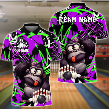 BlueJose Bowling & Pins Funny Gorilla Character Graffiti Splash Customized Name, Team Name 3D Shirt (4 Colors)