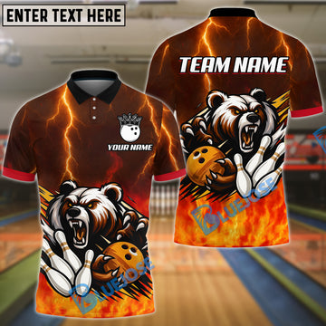 BlueJose Bowling Ball & Pins Thunder Bear Flame Customized Name, Team Name 3D Shirt (4 Colors)