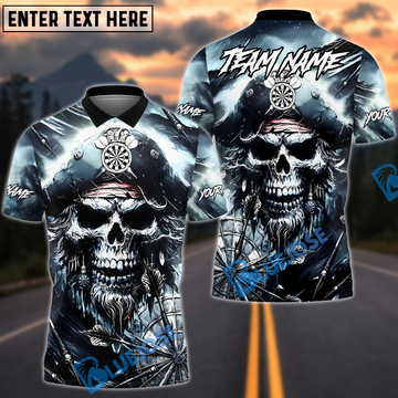 BlueJose Darts Pirate Skull Storm Design Personalized Name, Team Name Unisex Shirt (4 Colors)