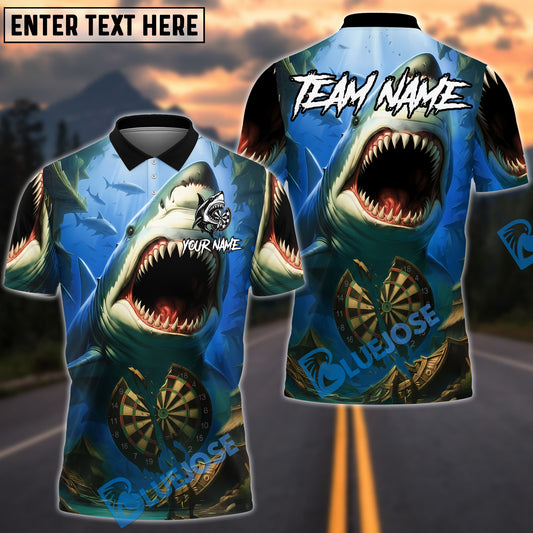 BlueJose Darts Aggressive Shark Attacking Broken Dartboard Personalized Name, Team Name Unisex Shirt (4 Colors)