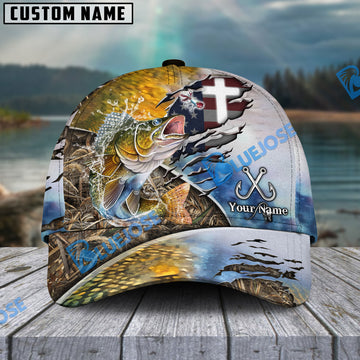 Bluejose Walleye Fishing American Flag & Cross Design with Camo Personalized Cap