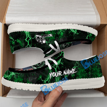 BlueJose Billiards Ball 8 Fire Skull US Flag Green White Canvas Loafer Shoes