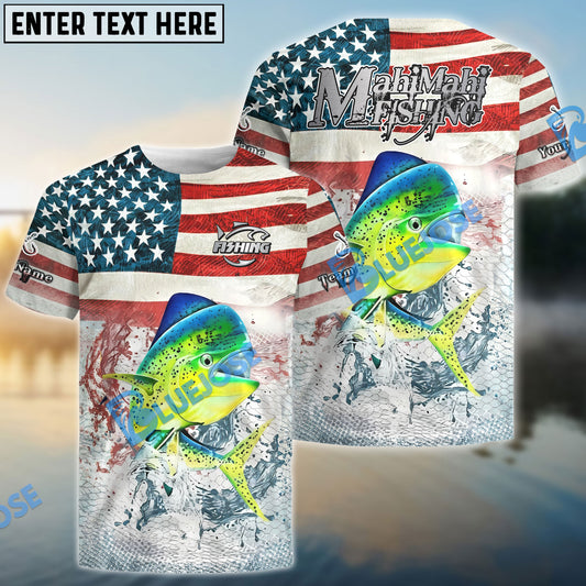 Bluejose Mahi-mahi Fishing American Flag Splash Design Custom Name & Team Name 3D Shirts