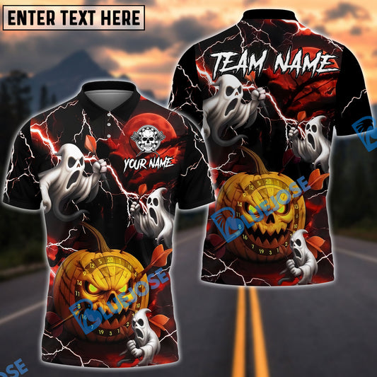 BlueJose Darts Halloween Pumpkin Ghost Lightning Customized Name, Team Name 3D Shirt (4 Colors)