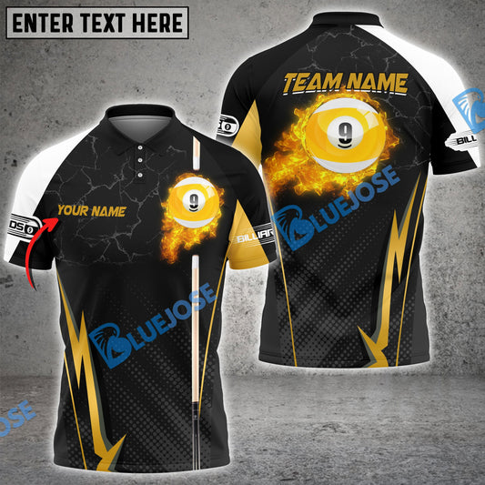 BlueJose Billiards Ball 9 Fire Cue Personalized Name, Team Name Unisex Shirt (4 Colors)