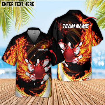 BlueJose Bowling Ball And Pins Breath Of Fire Multicolor Option Customized Name Hawaiian Shirt (4 Colors)