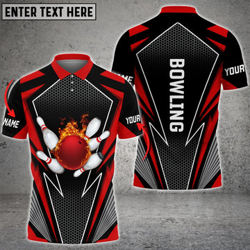 BlueJose Red Bowling And Pins Flame Hexagon Pattern Premium Customized Name 3D Shirt