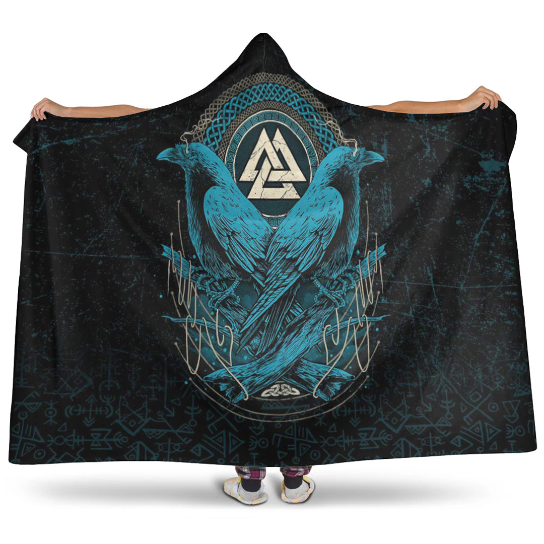 VikingStyle Hooded Blanket - Huginn and Muninn Valknut Cyan Style Hooded Blanket A35
