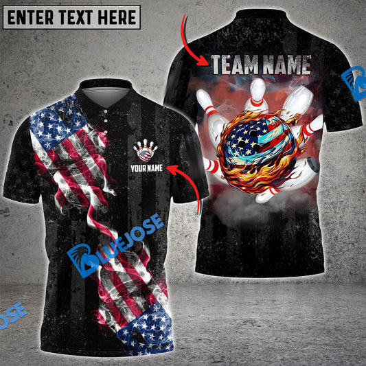 BlueJose Bowling Amrican Flag Retro Smoke 3 Customized Name, Team Name 3D Shirt