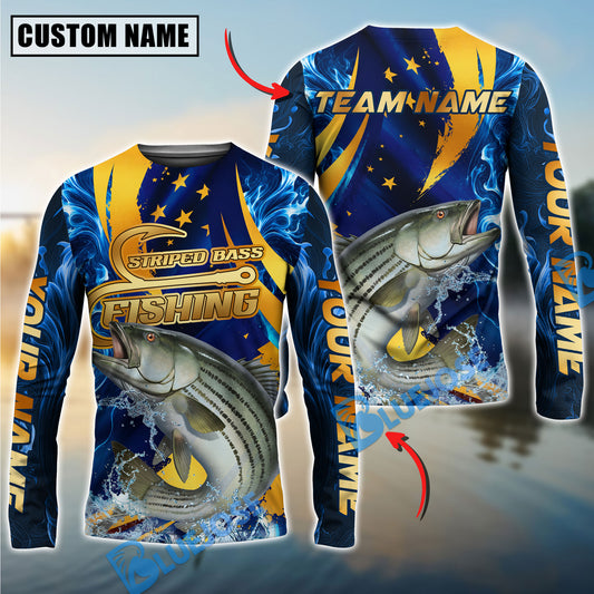 Bluejose Fishing Blue Flame Golden American Flag Custom Name & Team Name 3D Shirts (12 Breeds)
