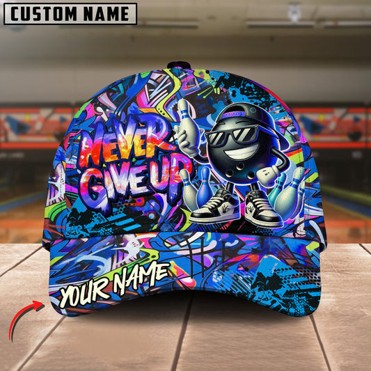 BlueJoses Bowling And Pins Never Give Up Graffiti Pattern Personalized Name Cap