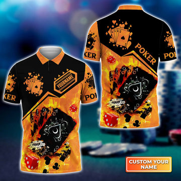 BlueJose Poker Royal Flush On Fire Personalized Name 3D Polo Shirt
