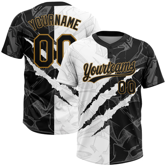 BlueJose Personalized  Graffiti Pattern Black-Old Gold 3D Two-Button Unisex Softball Jersey