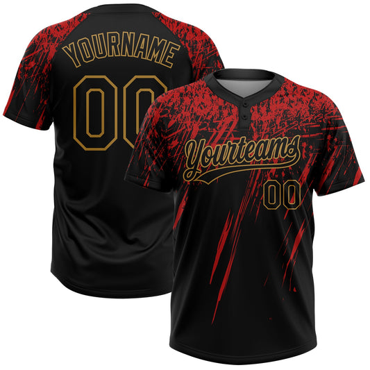 BlueJose Personalized Black Black Red-Old Gold 3D Pattern Two-Button Unisex Softball Jersey