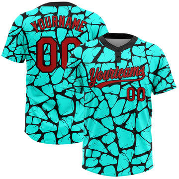 BlueJose Personalized Aqua Red-Black 3D Pattern Two-Button Unisex Softball Jersey