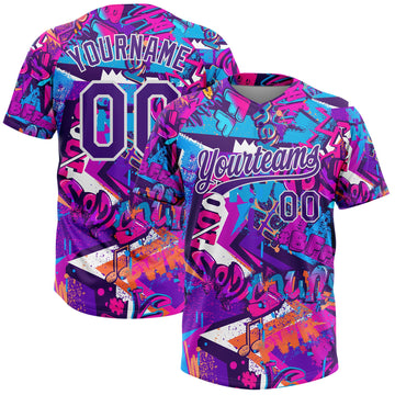 BlueJose Personalized Graffiti Pattern Purple-White 3D Bright Psychedelic Two-Button Unisex Softball Jersey