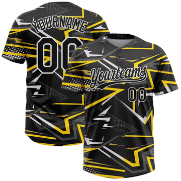 BlueJose Personalized Black Black-Gold 3D Pattern Two-Button Unisex Softball Jersey