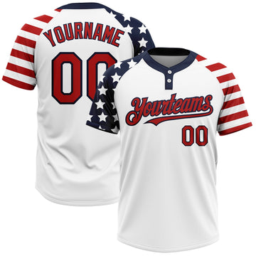 BlueJose Personalized White Red-Navy 3D American Flag Fashion Two-Button Unisex Softball Jersey