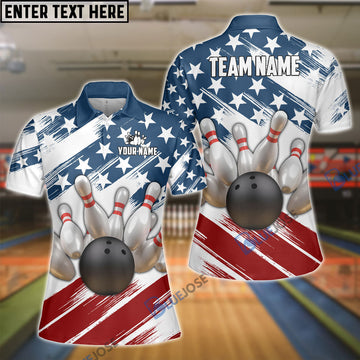 BlueJose Bowling US Flag Customized Name, Team Name 3D Shirt for Women (4 Colors)