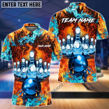 BlueJose Bowling And Pins Fire Power Pattern Multicolor Personalized Name 3D Shirt
