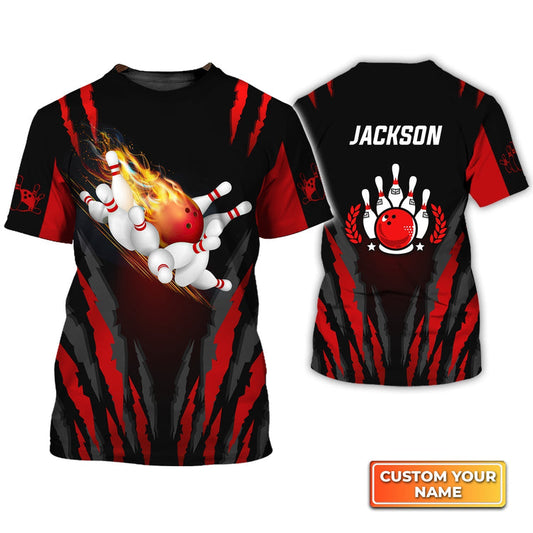 BlueJose  Bowling Ball in Flames Breaks White Skittles Personalized Name 3D Shirt