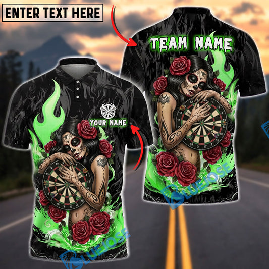 BlueJose Darts Sugar Skull Rose Gothic Flame Personalized Name, Team Name Unisex Shirt (4 Colors)