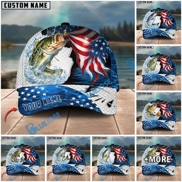 BlueJose Fishing USA Flag Hook White Scale Personalized Name Classic 3D Cap Personalized Cap (13 Breeds)