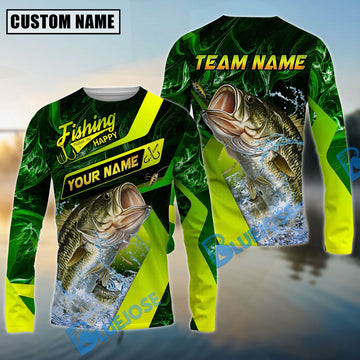 Bluejose Bass Fishing Green Neon Splash Water Artwork Custom Name & Team Name 3D Shirts