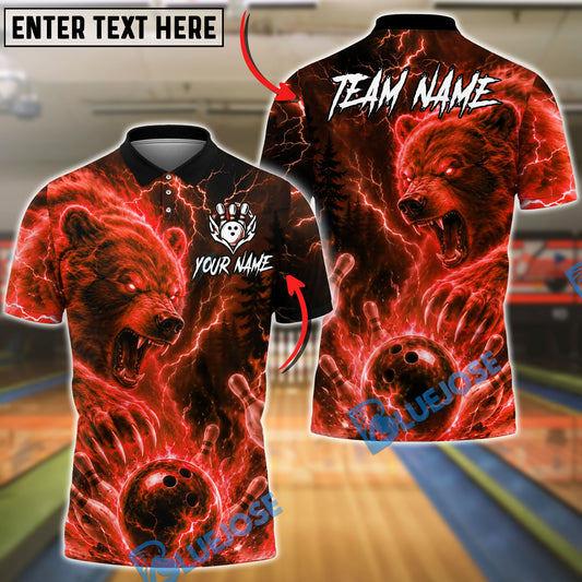 BlueJose Bowling And Pins Thunder Bear Lightning Clap Design  Customized Name, Team Name 3D Shirt (4 Colors)
