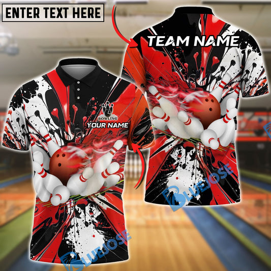 BlueJose Bowling And Pins Black Paint Splash Design Customized Name, Team Name 3D Shirt (4 Colors)