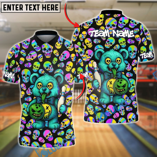BlueJose Bowling And Pins Crazy Cartoon Teddy Bear Customized Name, Team Name 3D Shirt (4 Colors)