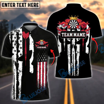BlueJose Darts American Flag Punisher Flaming Personalized Name Shirt
