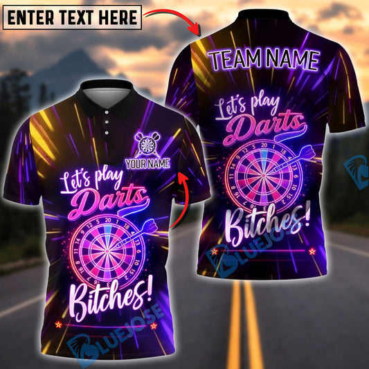 BlueJose Darts Neon Funny Quote Let’s Play Darts Bitches Dartboard Design Personalized Name Shirt