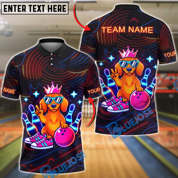 BlueJose Bowling Neon Cool Dachshund Dog King Funny Personalized Name, Team Name 3D Shirt