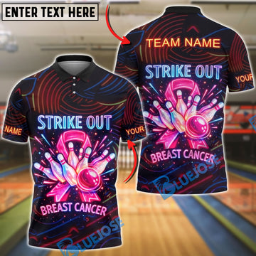 BlueJose Bowling Breast Cancer Awareness Strike Pink Ribbon Neon Personalized Name, Team Name 3D Shirt