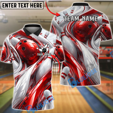 BlueJose Bowling And Pins Abstract Fluid White Customized Name, Team Name 3D Shirt (4 Colors)