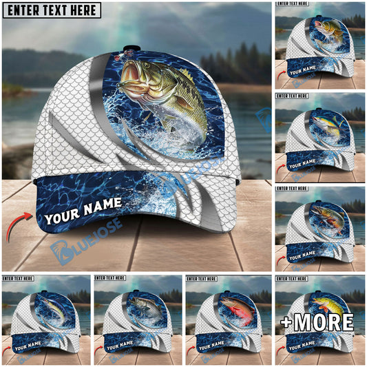 BlueJose Fishing Silver Scale Pattern Realistic Jumping Fish Water Splash Personalized Cap (13 Breeds)