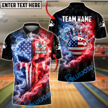 BlueJose Bowling American Flag Smoke Fire Punisher Skull Design Personalized Name, Team Name 3D Shirt