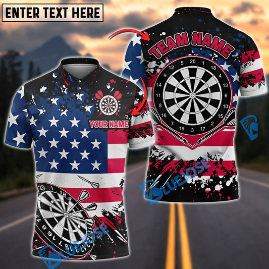 BlueJose Darts American Flag Grunge Paint Splash Patriotic Personalized Name, Team Name Shirt
