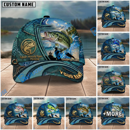 BlueJose Fishing Deep Blue Ocean Patch Personalized Name Classic 3D Cap Personalized Cap (13 Breeds)