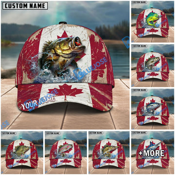 BlueJose Fishing Grunge Canadian Flag Personalized Name Classic 3D Cap Personalized Cap (13 Breeds)