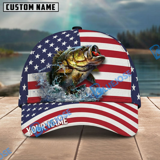 Bluejose Bass Fishing National American Flag Personalized Cap