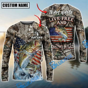 Bluejose Bass Fishing Patriotic Camo Live Free Custom Name & Team Name 3D Shirts