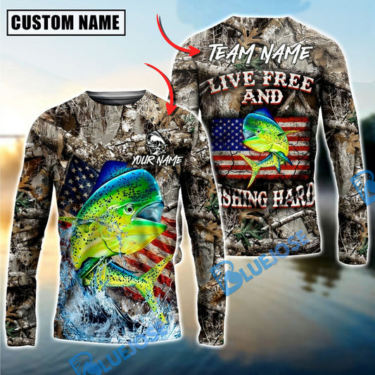 Bluejose Mahi-Mahi Fishing Patriotic Camo Live Free Custom Name & Team Name 3D Shirts