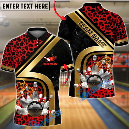BlueJose Bowling & Pins Gold Diagonal Stripe Leopard Pattern Customized Name, Team Name 3D Shirt (4 Colors)