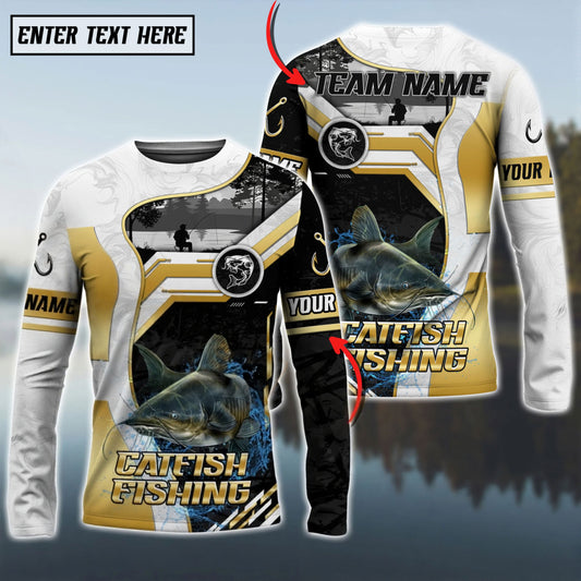 Bluejose Catfish Fishing Angler Gold White Custom Name & Team Name 3D Shirts